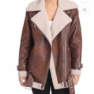Oversized belted faux shearling biker coat